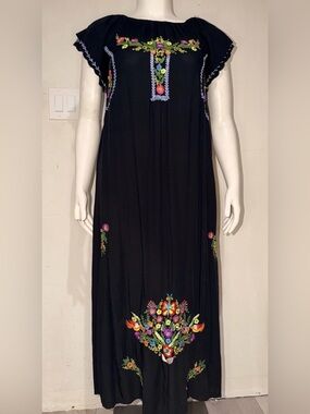 Black Embroidered Mexican Maxi Dress - Multicolor Floral